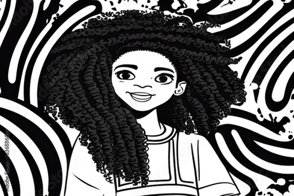 Obraz Monochrome portrait of beautiful curly teenage girl with afro hairstyle. Black and white portrait of a charming smiling girl with long curly hair. Happy girl. Modern Fictional character created by AI