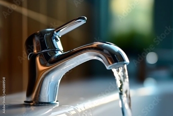 Obraz Water flows from the tap in the bathroom. Selective focus.