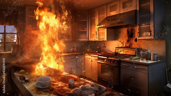 Obraz a fire in the kitchen. burning room interior trouble problem.