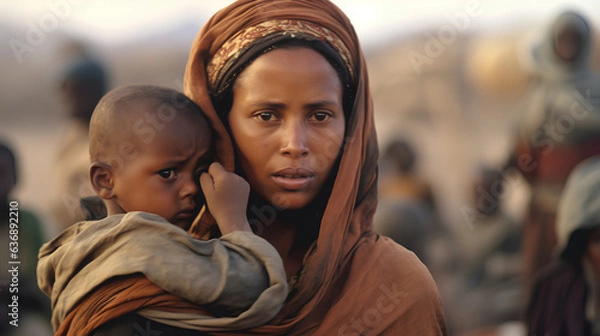 Fototapeta A homeless refugee woman with a child on the street. Migrants. Hunger and poverty. ai