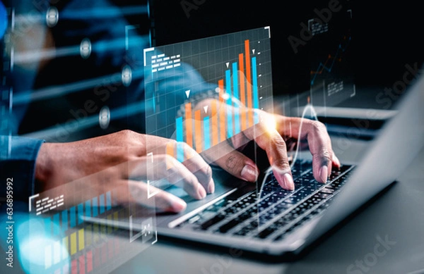 Fototapeta investment, graph, finance, financial, investing, technology, buy, sell, price, business. typing keyboard for invest into technology, then examine graph of benefit. for buy or sell that prices.