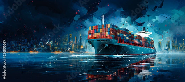 Fototapeta background, logistic, shipping, transportation, cargo, trade, transport, export, import, commerce. the most global shipping operations ship cargo container and night star blue sky in background.
