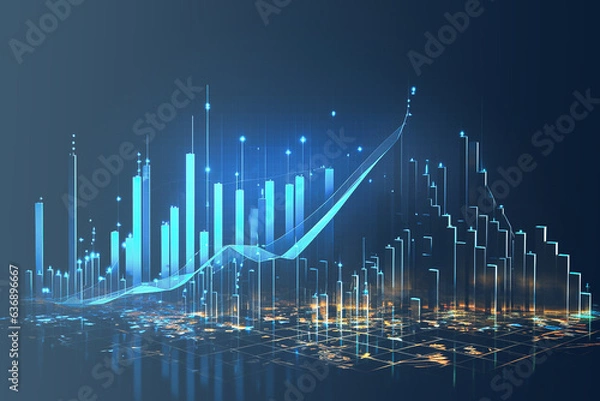 Fototapeta finance, graph, investment, chart, background, economy, financial, growth, money, stock. urban in front of, financial trends solid, yellow and blue line graphs in city background visualizing pulsing.
