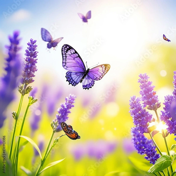 Fototapeta Sunny summer nature background with fly butterfly.,generative AI