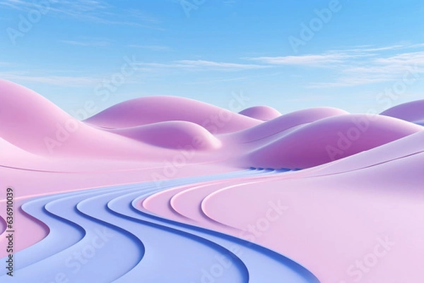 Fototapeta in the middle of pink landscape, there is a road and clouds 3d scene, in the style of futuristic chromatic waves, light violet and beige, smooth curves, realistic blue skies