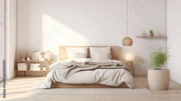 Fototapeta Modern interior design of Scandinavian elegant bedroom, Generative AI