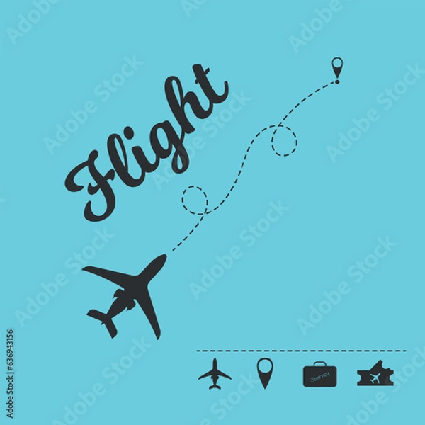 Fototapeta Illustration on the theme of flying on an airplane on a journey. Sending to the destination by plane. Black icons on the theme of vacation.