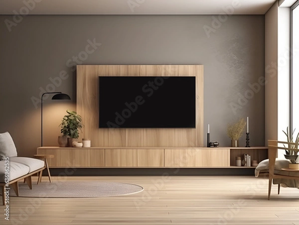 Fototapeta Interior mock up living room. cabinet for TV or place object in modern living room with lamp,table,flower and plant. AI Generative.