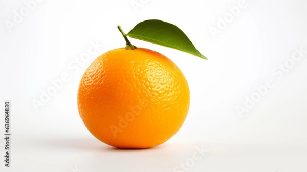 Fototapeta A single orange isolated on a white background. Stem. Leaf. Studio photography. Ripe. Washed fruit. Fresh produce. Diffuse lighting.