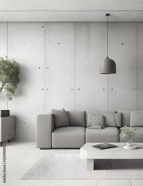 Fototapeta Modern interior design of living room with empty concrete wall background. 3D Rendering, 3D Illustration