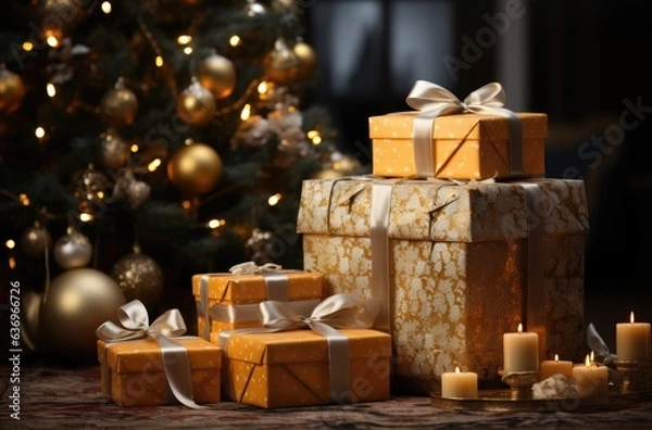 Obraz Christmas gifts box under the tree. Festive Christmas and New Year evening cozy background. generative ai