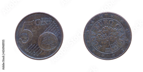 Fototapeta 5 euro cents coin from Austria 2017 with flowers, obverse and reverse macro shot.