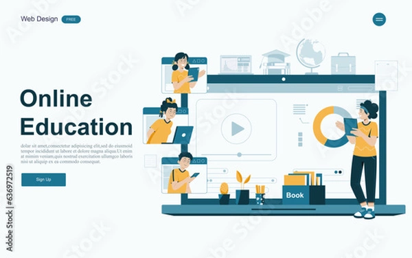 Fototapeta Online education concept.Online learning with platform and resources.Vector illustration.