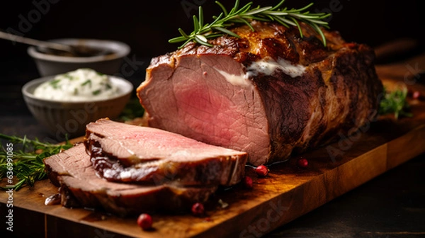 Obraz Juicy slices of prime rib roast served with horseradish sauce, garnished with fresh herbs.