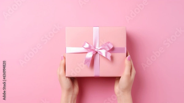Fototapeta Hands of a girl with a manicure holding a gift box with a bow on a pink background