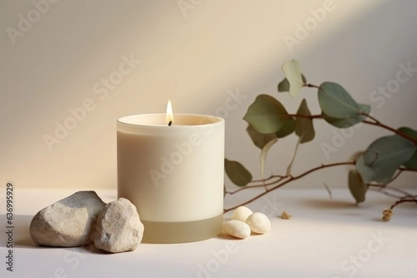 Obraz Aroma candle on beige background. Warm aesthetic composition with stones. Cozy home comfort, relaxation and wellness concept. Interior decoration mockup