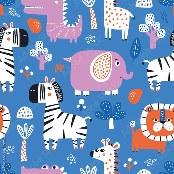 Fototapeta Vector seamless repeating color baby pattern with cute animals on white background. Pattern for kids with elephant, crocodile, zebra, giraffe, lion and doodles. Cute baby animals