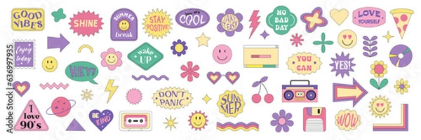 Obraz Big set of stickers with geometric shapes, quotes and retro elements. Vector colorful elements with nostalgia 1990s, 2000s concept
