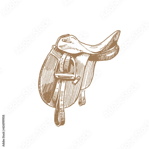 Obraz Hand drawn illustration of dressage saddle with stirrups, vintage style drawing