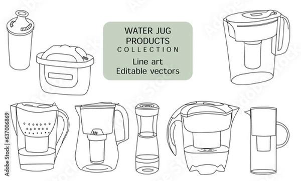 Fototapeta Water filter jug illustration line drawing Brita jug and water filter editable vector collection