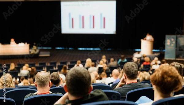 Fototapeta Speaker giving a talk in conference hall at business event. Rear view of unrecognizable people in audience at the conference hall. Business and entrepreneurship concept