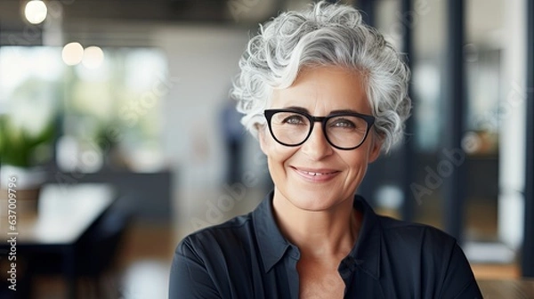 Fototapeta Portrait of a senior businesswoman standing in office. Female entrepreneur with short hair and business casuals looking at camera.,ai generate