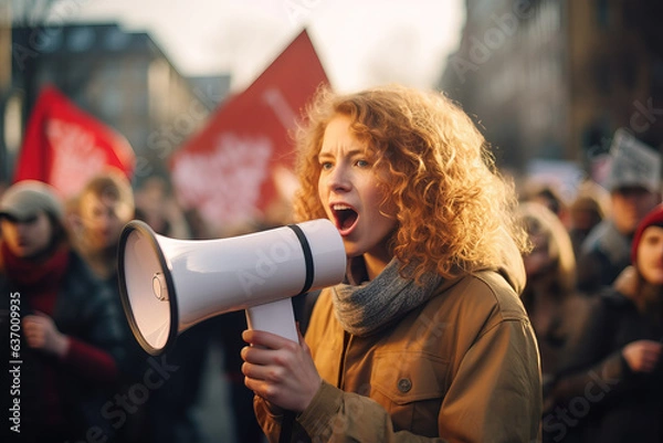 Fototapeta A red-haired young woman activist with a loudspeaker in her hands stands in a crowd of protesters on city street and shouts slogans during a peaceful protest rally. Human rights concept
