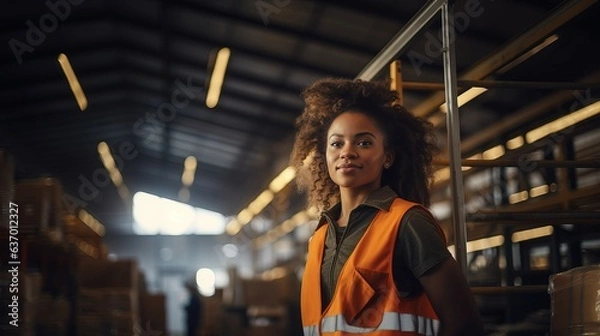 Obraz Worker at a warehouse. Black woman. Person in workplace. Generative AI.