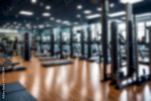 Fototapeta Abstract blurred background illustration. Aesthetic Interior Design of Gym Space with Abundant Exercise Equipment. Modern fitness gym for healthy exercise.