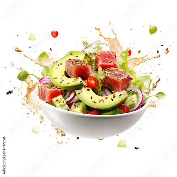 Fototapeta Avocado and tuna salad, poke, tuna, fresh healthy food icon, isolated, AI generated