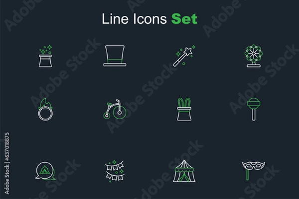 Fototapeta Set line Festive mask, Circus tent, Carnival garland with flags, Lollipop, Magician hat rabbit ears, Vintage bicycle and fire hoop icon. Vector