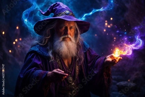 Fototapeta A mystical wizard holding a lit candle, with a majestic white beard and a vibrant purple hat