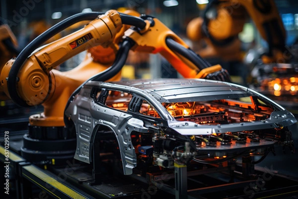 Fototapeta Robotic assembly line in an automotive factory
