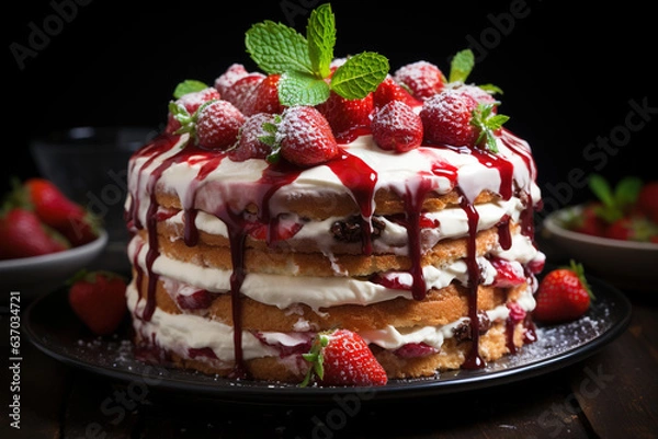Fototapeta Delicious Strawberry biscuit cake torte dessert with fresh berries and buttercream served on a plate on a wooden table