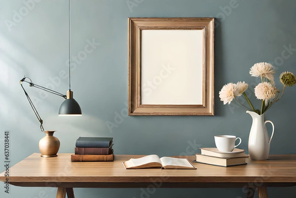 Obraz Empty wooden picture frame mockup hanging on beige wall background. Boho shaped vase, dry flowers on table. Cup of coffee, old books. Working space, home office.