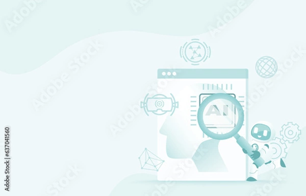 Fototapeta Artificial intelligence (AI) technology and research concept. AI robot augment microchip on real head for research, improvement, development, evolution, intelligent robot. Flat vector illustration.