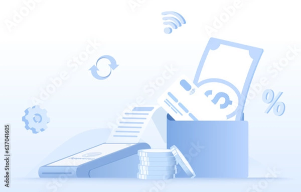 Fototapeta Easy payment concept. Elements of EDC machine, NFC (Near field communication), E-commerce, money transfer, currency exchange, digital wallet. Flat vector design illustration.