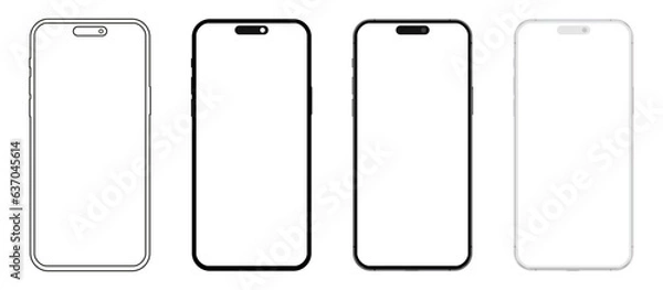 Fototapeta Set smartphone mockup with blank white screen in flat, line and realistic style, detailed mobile phone mockup, black and white models smartphone front view, model 3D mobile phone, ui, ux - vector