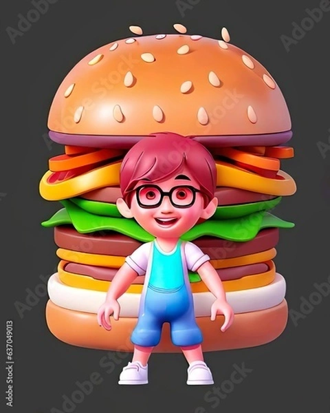 Obraz Giant hamburger next to boy