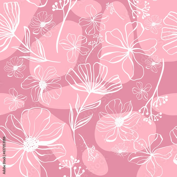 Fototapeta Doodle flowers seamless pattern for paper or textile. Light outline drawings of abstract flowers. Hand drawn, vector. Design botanical drawing layout for wallpaper, fabric, packaging