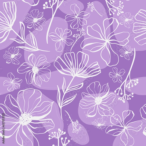 Fototapeta Doodle flowers seamless pattern for paper or textile. Light outline drawings of abstract flowers. Hand drawn, vector. Design botanical drawing layout for wallpaper, fabric, packaging