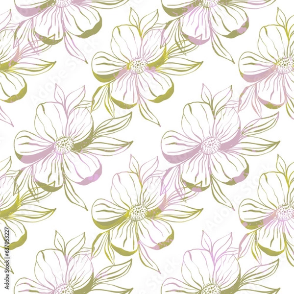 Fototapeta Doodle flowers seamless pattern for paper or textile. Light outline drawings of abstract flowers. Hand drawn, vector. Design botanical drawing layout for wallpaper, fabric, packaging