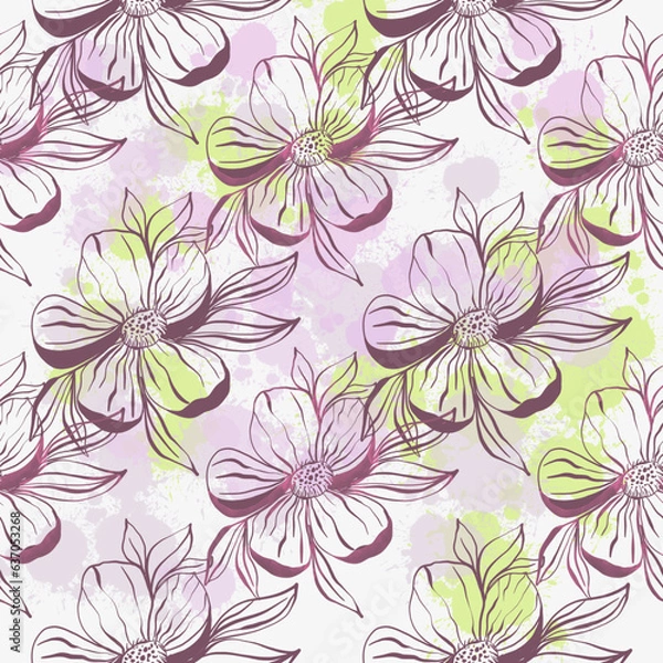 Fototapeta Doodle flowers seamless pattern for paper or textile. Light outline drawings of abstract flowers. Hand drawn, vector. Design botanical drawing layout for wallpaper, fabric, packaging