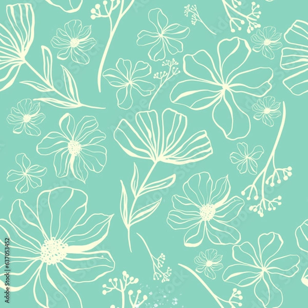 Fototapeta Doodle flowers seamless pattern for paper or textile.
Light outline drawings of abstract flowers. Hand drawn, vector. Design botanical drawing layout for wallpaper, fabric, packaging.