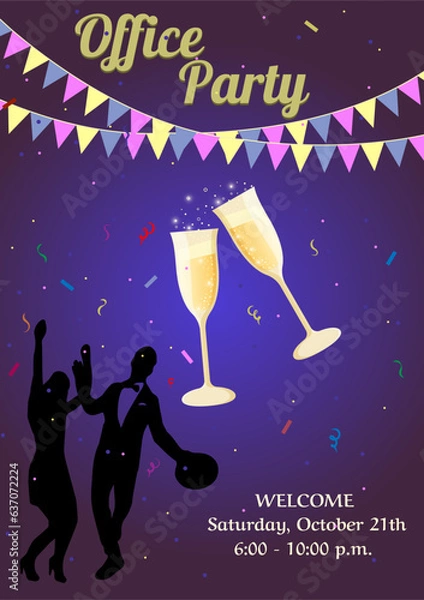 Fototapeta Concept for office party. Dancing positive man and woman, champagne glasses, confetti and flag ribbons.
Vector illustration on a dark blue gradient background.Suitable for invitation, banner, booklet