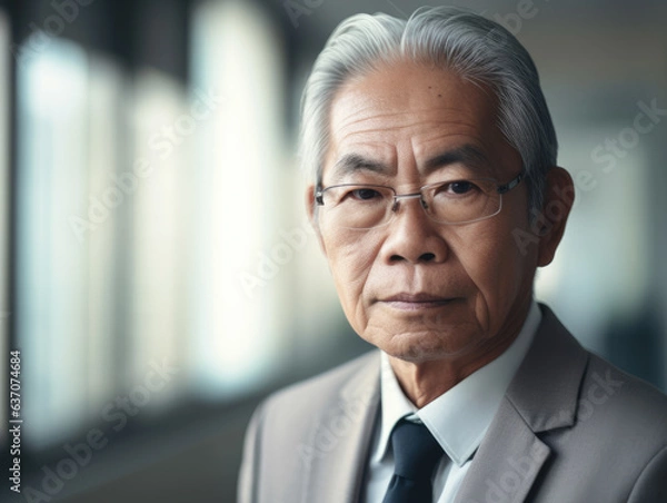 Obraz Portrait of confident asian senior executive man in suit posing  in the  enterprise office.
