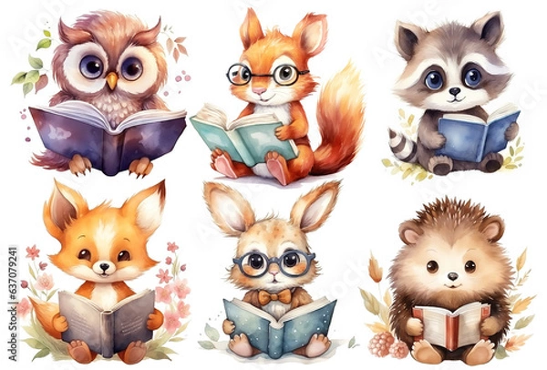 Obraz Set of funny cartoon animals reading book, isolated on white