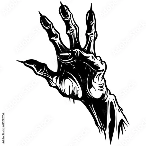 Fototapeta Zombie hands silhouette. Creepy zombie crooked lambs stick out of graveyard ground vector illustration