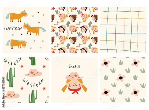 Fototapeta A set card and patterns in wild west style. Western.Vector backgrounds with cowboys,cactus,horseshoe,horse,snake,cowboy hat, boots,  Sheriff's badge and Abstract elements. Great for wallpaper, backgro