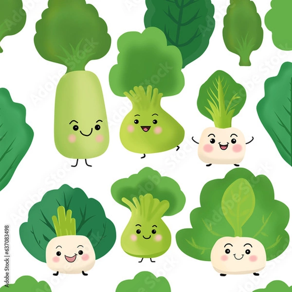 Fototapeta A cute set of various cartoon characters from white radish and Chinese mustard greens on white backgrounds. Vector illustration.